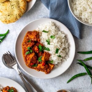 Chicken Bhuna met rijst.